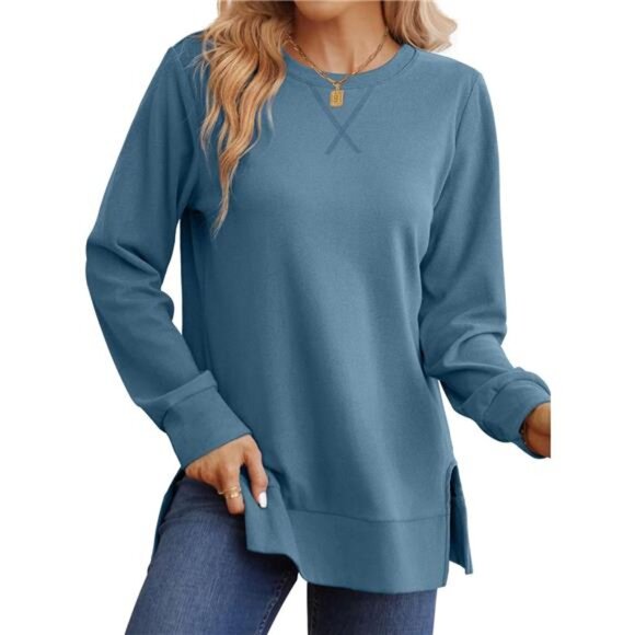 Side Split Hem Sweatshirt – Trendy Long Sleeve Relaxed Fit Top - Picture 1 of 4